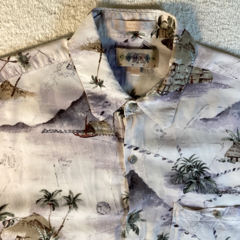 Campia Moda Mens Medium Rayon Tropical Aloha Shirt Scenic Island Lobster Print